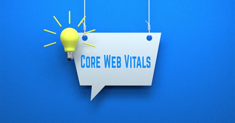 White speech bubble hanging against a blue background beside a glowing light bulb with the words "Core Web Vitals" in the center. This graphic represents technical SEO by highlighting Core Web Vitals as a key website performance factor.