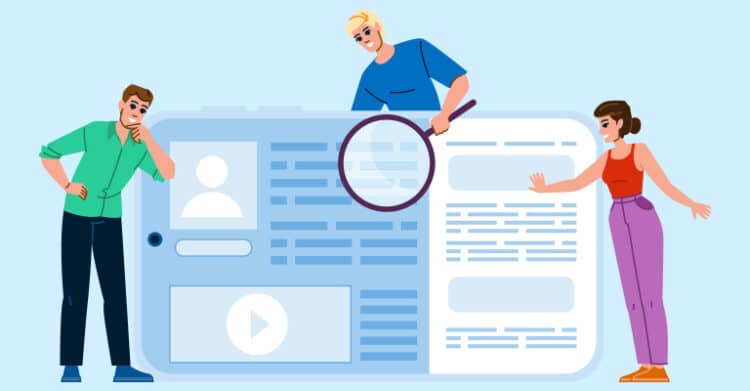 Three people examine a large webpage layout while one holds a magnifying glass over the content. This illustration represents technical SEO by showing page analysis and on page review to improve site structure and visibility.