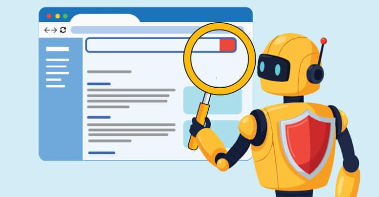 Yellow robot with a red shield holds a magnifying glass over a website search bar. The illustration connects answer engine optimization with search visibility and safer trustworthy results.