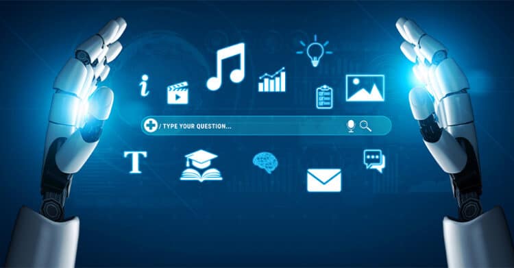 Robotic hands frame a glowing search bar that says “TYPE YOUR QUESTION...” surrounded by icons for music images charts email chat and education. The illustration connects answer engine optimization with AI powered search and multimedia answers.
