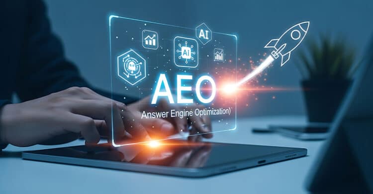 Hands use a tablet with a glowing holographic panel that reads “AEO” “Answer Engine Optimization” and “AI” beside analytics icons and a rocket launch graphic. The futuristic illustration suggests AI search visibility taking off.