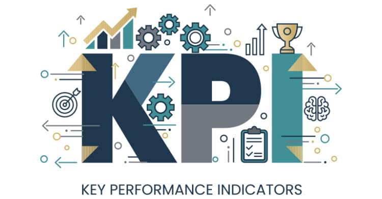 Large letters “KPI” with the phrase “KEY PERFORMANCE INDICATORS” below surrounded by gears charts a target a trophy a checklist and a brain icon. The graphic represents tracking performance metrics for an answer engine optimization strategy.