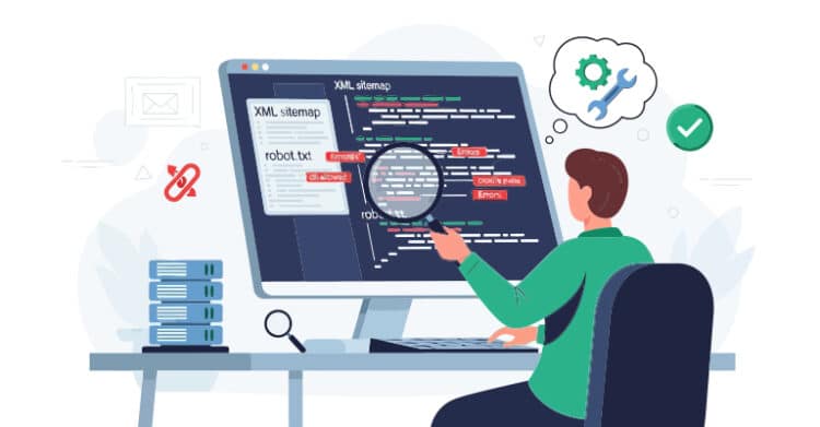 Mobile-First Indexing: How to Prepare Your Website & Content 6 Illustration of a person reviewing website files on a desktop monitor with “XML sitemap” and “robot.txt” visible beside code marked with errors under a magnifying glass. The graphic relates to mobile-first indexing by showing technical SEO checks that help search engines crawl and understand site content.