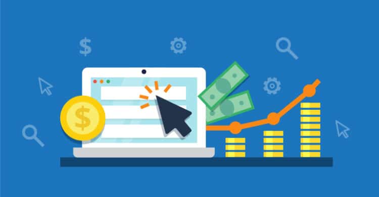 Illustration of a laptop displaying an online ad with a cursor clicking on it, surrounded by dollar signs, cash, and an upward trending graph representing pay-per-click advertising performance and revenue growth.