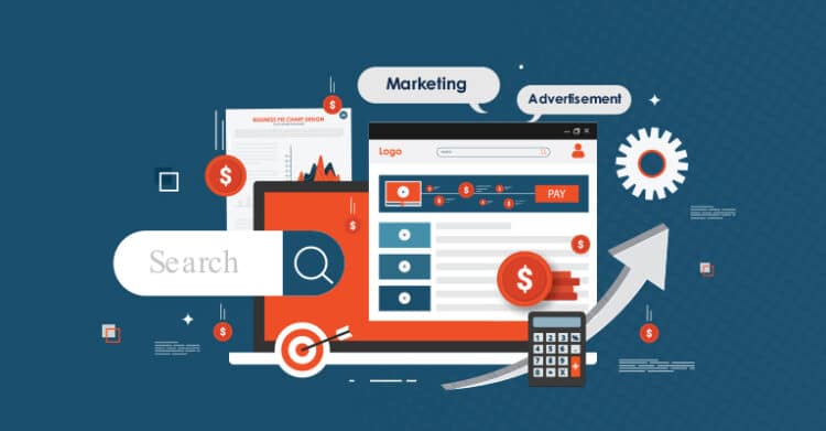 Illustration of a digital marketing dashboard showing search, advertisement, and payment elements with dollar icons, a target, and an upward arrow highlighting pay-per-click campaign performance and conversions.