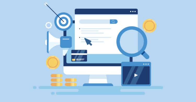 Illustration of a desktop monitor with a search bar, mouse cursor, magnifying glass, target, megaphone, credit card, video play icon, and gold coins representing pay-per-click search marketing and online advertising.