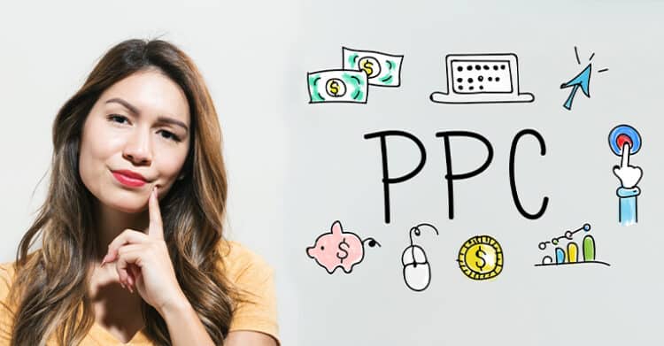 Woman in a yellow shirt rests her finger on her chin and looks thoughtfully at the camera beside hand drawn pay per click icons. The white background includes the text "PPC" along with drawings of cash, a laptop, a cursor, a piggy bank, a mouse, a coin, a target, and a rising chart, suggesting strategy and decision making around pay per click advertising.