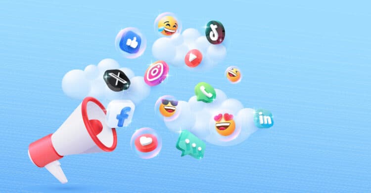 Social media marketing megaphone surrounded by floating platform icons including Facebook, Instagram, X, LinkedIn, TikTok, and WhatsApp logos on a light blue background.