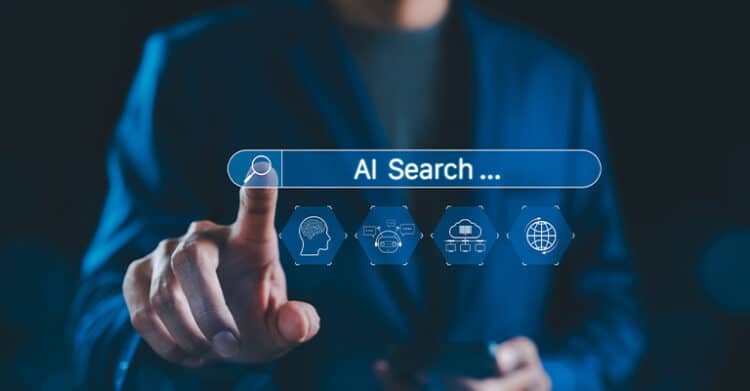 How AI Search Engines Work: A Plain-English Guide 3 A business professional reaches toward a floating AI search bar while holding a phone in a dark blue tech setting. The interface includes icons for intelligence automation cloud systems and global search and the visible text reads “AI Search ...” connecting the scene to generative search optimization.