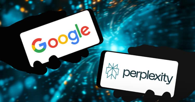 How AI Search Engines Work: A Plain-English Guide 4 Two silhouetted hands hold smartphones showing the “Google” and “perplexity” logos against a glowing blue data stream background. The comparison of traditional and AI powered search platforms helps show how AI search engines work across different answer and discovery tools.