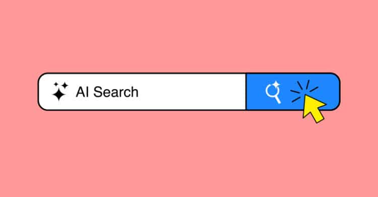How AI Search Engines Work: A Plain-English Guide 5 A simple pink illustration shows a search bar labeled “AI Search” with sparkle icons and a yellow cursor clicking a blue search button. The clean graphic introduces how AI search engines work by focusing on a single AI search query and the action of starting a search.