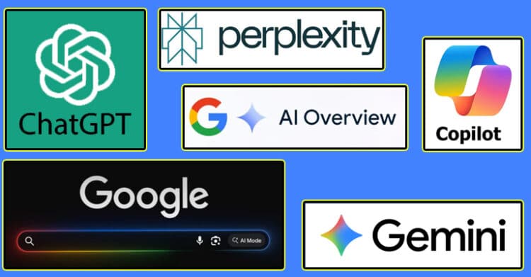 How AI Search Engines Work: A Plain-English Guide 7 A blue collage shows boxed logos and interfaces for “ChatGPT” “perplexity” “AI Overview” “Copilot” “Google” “AI Mode” and “Gemini”. The grouped platforms help explain how AI search engines work across chatbots answer engines and traditional search results.