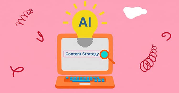 How AI Search Engines Work: A Plain-English Guide 8 A playful pink illustration shows an orange laptop with a search field and magnifying glass under a bright yellow light bulb labeled “AI”. The visible search text reads “Content Strategy” and the graphic suggests how AI search engines work by turning questions and content planning into clearer answers.