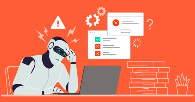 How AI Search Engines Work: A Plain-English Guide 9 A worried robot sits at a laptop on an orange background with warning icons error windows gears and a messy stack of files nearby. The scene helps explain how AI search engines work when systems face missing signals unclear structure or technical problems that can block useful answers.