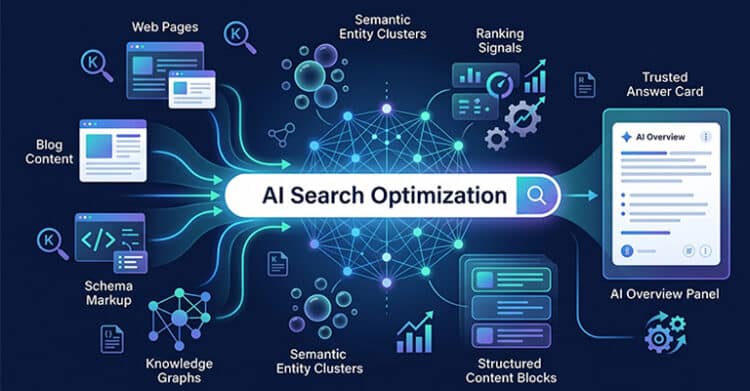 A blue tech infographic shows a central search bar labeled “AI Search Optimization” connected by arrows and data lines to web pages blog content schema markup knowledge graphs semantic entity clusters ranking signals structured content blocks and a trusted answer card. The visible text reads “Web Pages” “Blog Content” “Schema Markup” “Knowledge Graphs” “Semantic Entity Clusters” “Ranking Signals” “Trusted Answer Card” “AI Overview” “AI Overview Panel” “Structured Content Blocks” and “AI Search Optimization”.