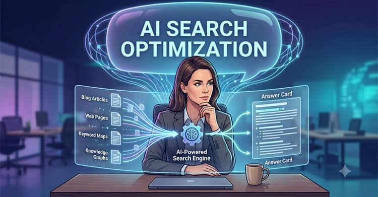 An illustrated woman sits at a desk in front of a glowing AI powered search engine dashboard about ai search optimization. The visible text reads “AI SEARCH OPTIMIZATION” “Blog Articles” “Web Pages” “Keyword Maps” “Knowledge Graphs” “AI-Powered Search Engine” and “Answer Card”.