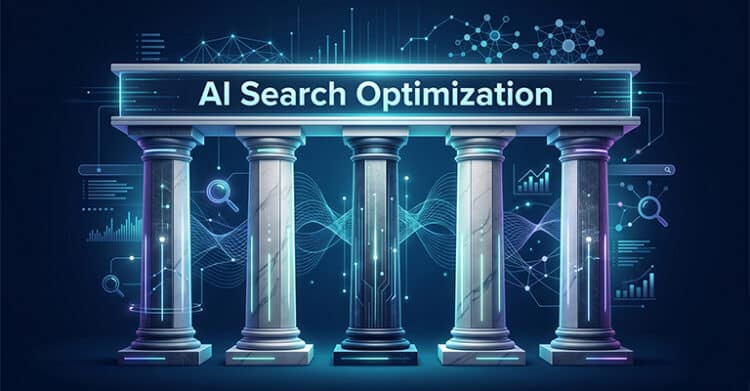 A futuristic graphic shows five glowing classical columns supporting a header labeled “AI Search Optimization” with search icons charts data lines and network diagrams around it. The columns suggest foundational pillars behind ai search optimization with digital signals and analytics flowing through the scene.