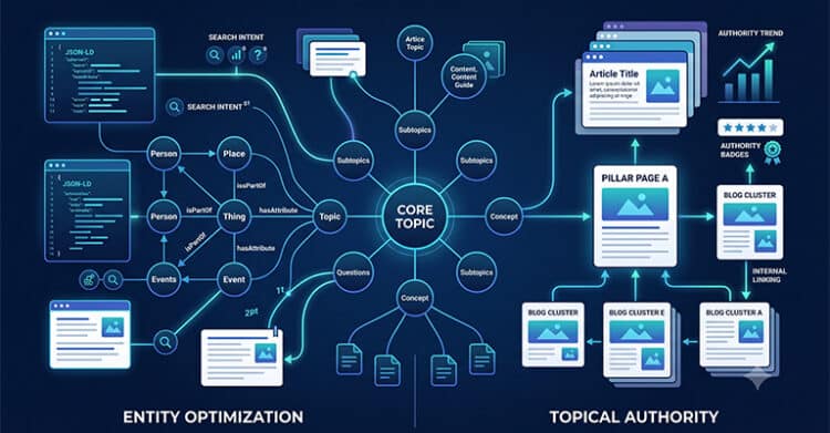A blue diagram explains ai search optimization by connecting entity optimization on the left to topical authority on the right with a central node labeled “CORE TOPIC”. The visible text reads “JSON-LD” “SEARCH INTENT” “Search Intent” “Person” “Place” “Thing” “isPartOf” “hasAttribute” “Events” “Event” “Subtopics” “Questions” “Concept” “Article Topic” “Content Guide” “Article Title” “PILLAR PAGE A” “BLOG CLUSTER” “BLOG CLUSTER A” “BLOG CLUSTER B” “BLOG CLUSTER C” “AUTHORITY TREND” “AUTHORITY BADGES” “INTERNAL LINKING” “ENTITY OPTIMIZATION” and “TOPICAL AUTHORITY”.