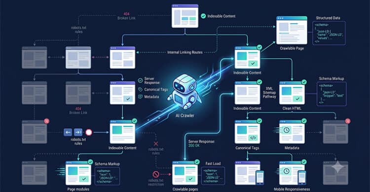 A dark blue technical workflow graphic shows an “AI Crawler” moving through site pages and SEO signals for ai search optimization with glowing paths connecting crawlable pages indexable content structured data schema markup clean HTML metadata canonical tags and mobile responsiveness. The visible text reads “robots.txt rules” “404 Broken Link” “Indexable Content” “Internal Linking Routes” “Server Response” “Canonical Tags” “Metadata” “AI Crawler” “Crawlable Page” “Structured Data” “Schema Markup” “XML Sitemap Pathway” “Clean HTML” “Server Response 200 OK” “Fast Load” “robots.txt file” “robots.txt restriction” “Page modules” “Crawlable pages” and “Mobile Responsiveness”.