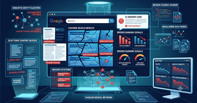 A dark blue warning style infographic shows broken ai search optimization with cracked Google search results disconnected entity clusters scattered content blocks missing citations and a tangled neural network. The visible text reads “SEMANTIC ENTITY CLUSTERS” “DISCONNECTED ENTITIES” “LACK OF TOPICAL AUTHORITY” “SCATTERED CONTENT BLOCKS” “JARGON HEAVY” “KEYWORD STUFFING” “Google” “Search” “CRACKED SEARCH RESULTS” “DUPLICATE CONTENT” “INSUFFICIENT DATA” “POOR STRUCTURE” “MISSING CITATIONS” “MISSING SOURCE” “TANGLED NEURAL NETWORK” “AI ANSWER CARD” “POOR ACCURACY” “BROKEN RANKING SIGNALS” “LOW AUTHORITY” “UNTRUSTWORTHY SOURCE” “LOW USER ENGAGEMENT” “BROKEN SCHEMA MARKUP” “MISALIGNED DATA NODES” “ANALYTICS” “TRAFFIC” “SEARCH VISIBILITY” and “DECLINING RANKINGS”.