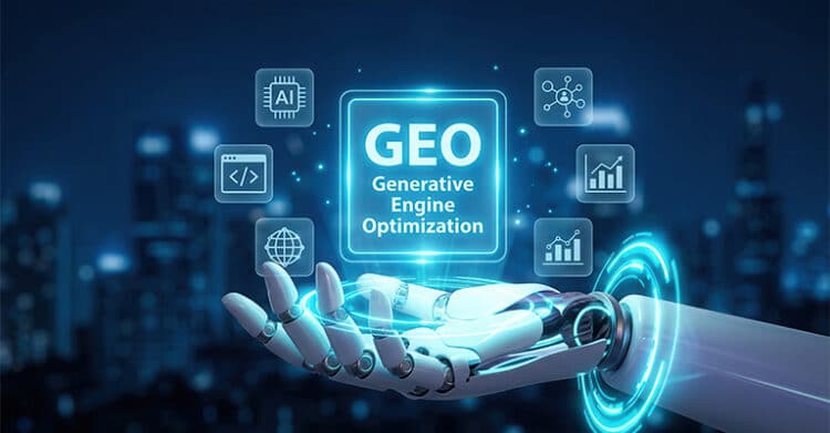 A robotic hand holds a glowing blue panel labeled “GEO” and “Generative Engine Optimization” with floating icons for AI code global search networks and analytics around it. The futuristic city background and digital dashboard visuals connect GEO to generative search optimization.