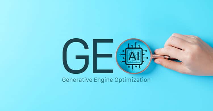 A hand holds a magnifying glass over an “AI” chip icon inside the letter O in “GEO” on a bright blue background. The visible text reads “GEO” “AI” and “Generative Engine Optimization” connecting the graphic to generative search optimization.