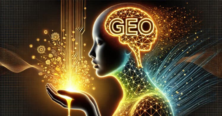 A glowing digital profile of a person has “GEO” illuminated inside the brain with golden data streams flowing from their hands. The futuristic network patterns and light trails suggest ideas forming around generative search optimization.