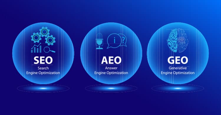 A blue comparison graphic shows three glowing circles for search optimization categories with icons for analytics conversation and a brain. The visible text reads “SEO” “Search Engine Optimization” “AEO” “Answer Engine Optimization” “GEO” and “Generative Engine Optimization” connecting the GEO section to generative search optimization.