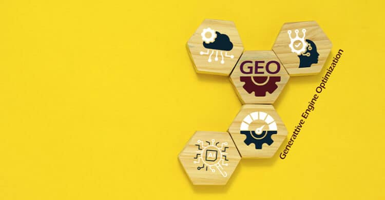Wooden hexagon tiles on a bright yellow background form a honeycomb around a center tile labeled “GEO” with gear cloud AI and analytics icons. The visible text reads “GEO” “AI” and “Generative Engine Optimization” and the business strategy layout connects the concept to generative search optimization.