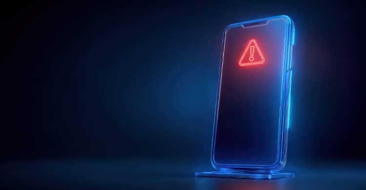 A glowing smartphone stands in a dark blue scene with a red warning triangle on the screen. The alert symbol suggests a mobile issue or technical error that needs attention.