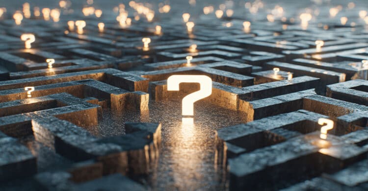 A dark metallic maze is filled with glowing question mark symbols and a larger bright question mark at the center. The scene suggests confusion and unanswered questions around generative search optimization or complex search strategy.