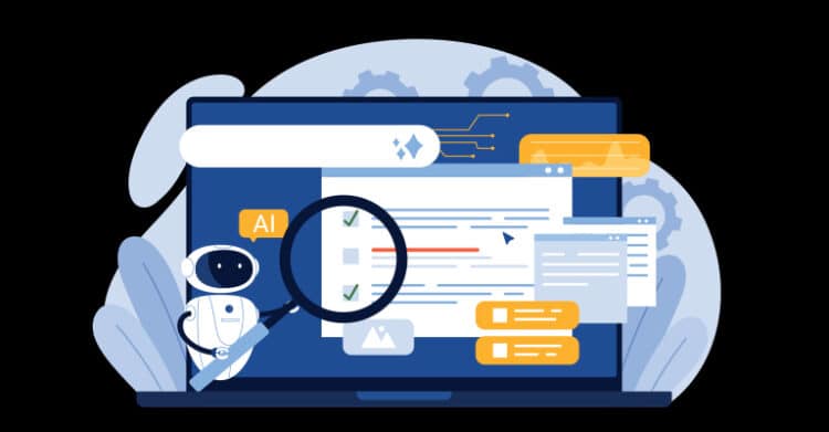 Digital illustration of a small robot beside a laptop showing web content and checkmarks with a magnifying glass reviewing AI generated copy. A yellow tag on the screen reads "AI" and the scene represents AI Content Strategy with automated writing and optimization tools.