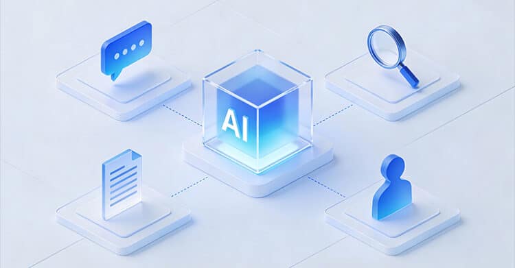 Isometric digital illustration of a glowing cube labeled "AI" connected to icons for chat. Search. Documents. And users. The layout suggests AI Content Strategy tools organizing content planning. Research. Audience insights. And workflow automation.