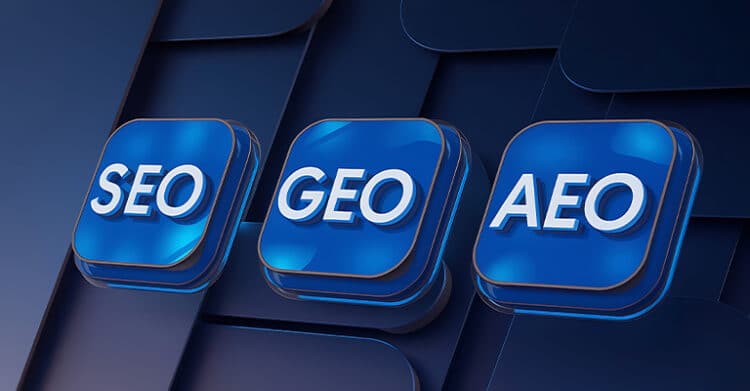 Three glossy blue buttons on a dark layered background display the terms "SEO" "GEO" and "AEO". The visual compares search optimization. Generative engine optimization. And answer engine optimization as part of AI Content Strategy.