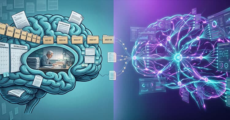 Split illustration comparing a human brain filled with folders. Calendars. documents. and a person working at a desk with a glowing digital brain connected to data dashboards. The contrast shows traditional planning beside AI powered analysis for AI Content Strategy.