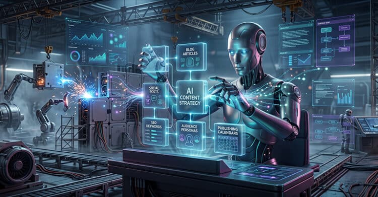 A humanoid robot works in a futuristic factory with glowing content planning cards labeled "AI Content Strategy" "Blog Articles" "Social Posts" "SEO Keywords" "Audience Personas" and "Publishing Calendars". Digital dashboards and wires suggest an automated system creating and organizing marketing content across channels.