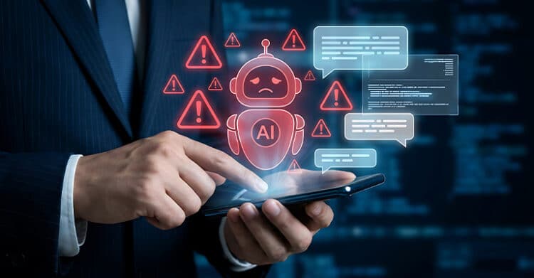 A businessperson taps a smartphone showing a worried red robot labeled "AI" surrounded by warning symbols. Chat bubbles and code windows suggest AI Content Strategy risks such as poor responses and errors and content quality issues.