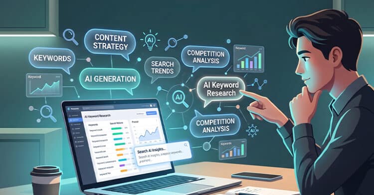 A digital marketer points at a glowing workspace with a laptop showing AI keyword research data and floating analytics bubbles. Visible text reads “KEYWORDS” “CONTENT STRATEGY” “AI” “AI GENERATION” “SEARCH TRENDS” “COMPETITION ANALYSIS” “AI Keyword Research” “Search AI insights” and “Search in 100K amazing keywords”.