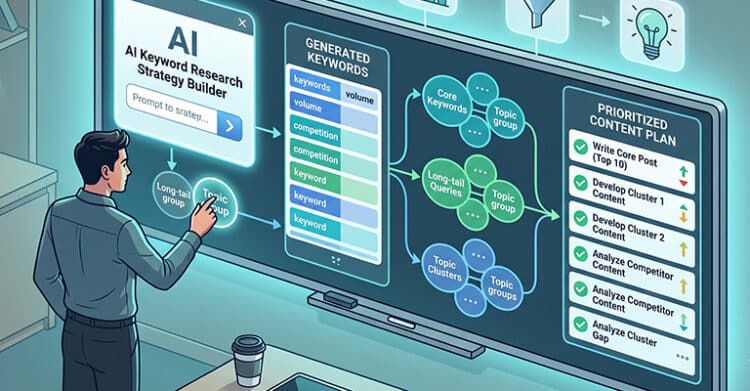 A marketer taps a large AI Keyword Research Strategy Builder screen that maps an ai keyword research workflow from prompts to generated keywords to topic clusters and a prioritized content plan. Visible text reads “AI” “AI Keyword Research Strategy Builder” “Prompt to strategi...” “Long-tail group” “Topic group” “GENERATED KEYWORDS” “Keywords” “Volume” “Competition” “Keyword” “Core Keywords” “Long-tail Queries” “Topic Clusters” “Topic Groups” “PRIORITIZED CONTENT PLAN” “Write Core Post Top 10” “Develop Cluster 1 Content” “Develop Cluster 2 Content” “Analyze Competitor Content” and “Analyze Competition Content Gap”.