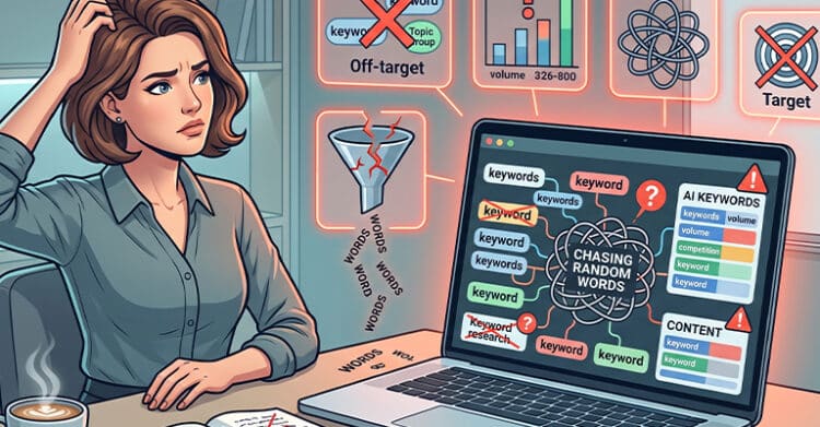 A worried marketer scratches her head beside a laptop showing an AI keyword research board tangled around random keyword choices and warning icons. Visible text reads “Off-target” “volume 326-800” “Target” “Keywords” “keyword” “keywords” “CHASING RANDOM WORDS” “AI KEYWORDS” “keywords volume” “competition” “CONTENT” “Keyword research” “Long-tail group” and “Topic group”.
