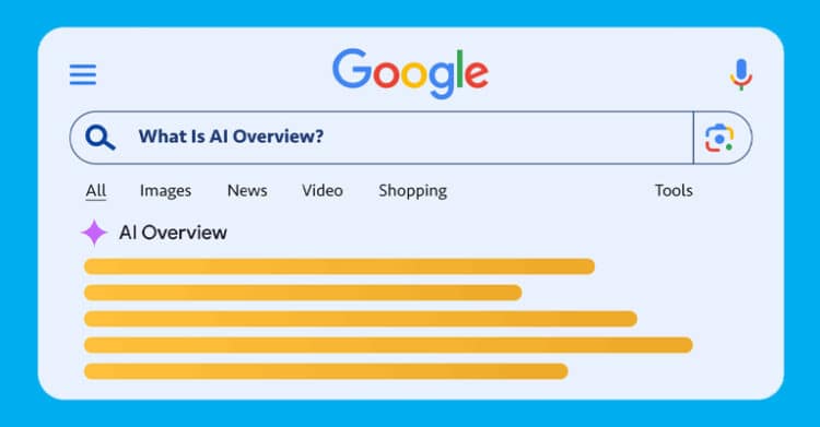 How to Optimize Content for AI Overviews 3 A stylized Google search results page with the Google logo and the search bar text "What Is AI Overview?" The page shows tabs labeled "All" "Images" "News" "Video" "Shopping" and "Tools" above an "AI Overview" section with yellow answer lines for a post about how to Optimize Content for AI Overviews.