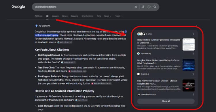 How to Optimize Content for AI Overviews 4 A dark mode search results page shows an AI overview response on the left and a source citation panel on the right. A red arrow and red outline emphasize where source links appear for a guide on how to Optimize Content for AI Overviews.