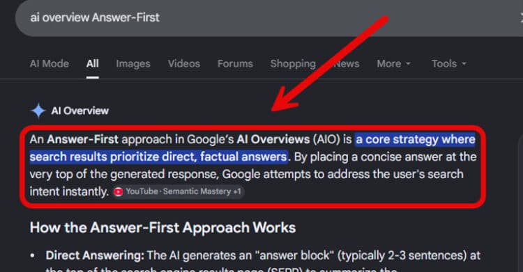 How to Optimize Content for AI Overviews 5 A dark mode Google search page shows an AI Overview section with a red arrow and red rectangle highlighting the first answer paragraph. Blue highlighting marks part of the answer to demonstrate an answer first format for a post about how to Optimize Content for AI Overviews.