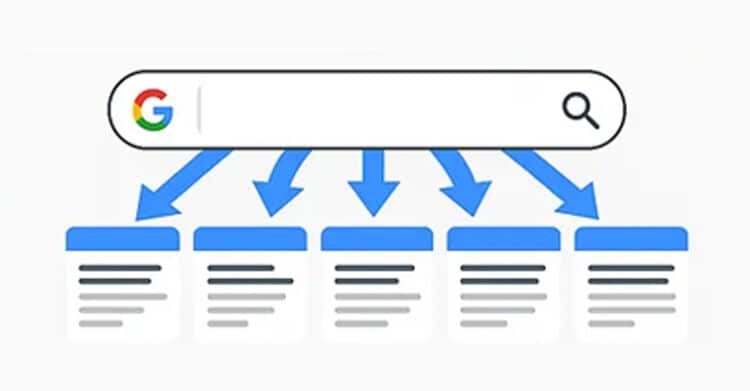 How to Optimize Content for AI Overviews 6 A Google search bar sits above five result cards with large blue arrows pointing from the search to each card. The graphic shows how search visibility can spread across multiple sources when you Optimize Content for AI Overviews.