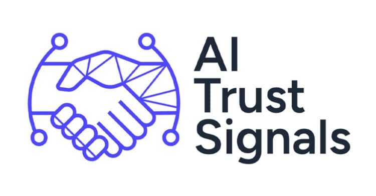 How to Optimize Content for AI Overviews 7 A blue line art handshake with connected nodes appears beside a large bold heading on a white background. It represents trust and credibility factors for a post about how to Optimize Content for AI Overviews.