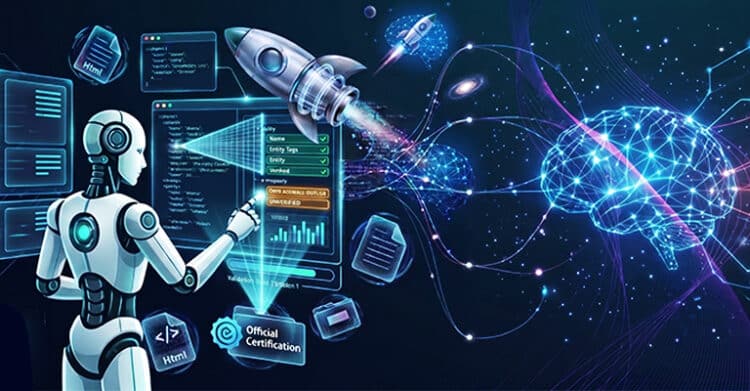 A white robot studies glowing data panels and a checklist with readable labels “Name” “Entity Tags” “Entity” “Verified” and “Official Certification”. Rockets. “Html” code icons. a galaxy. and a glowing wireframe brain suggest AI analyzing structured data and web content.