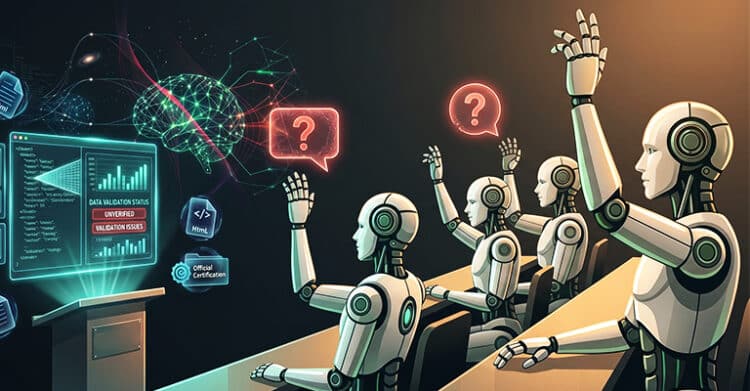 White robots sit in a classroom and raise their hands toward red question mark bubbles during a lesson on AI data validation. A glowing dashboard shows “DATA VALIDATION STATUS” “UNVERIFIED” and “VALIDATION ISSUES” beside a wireframe brain. Nearby labels read “Official Certification” and “Html”.