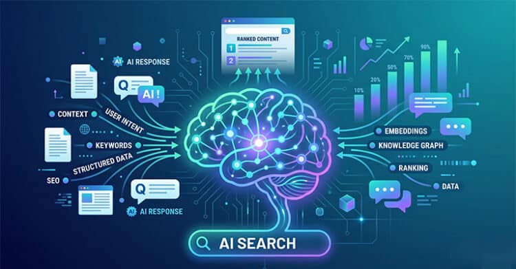 Glowing digital AI brain at the center of a data network with search bars. chat bubbles. charts. and ranking signals flowing in and out. The graphic shows how AI search engine optimization connects content. user intent. structured data. and search results.