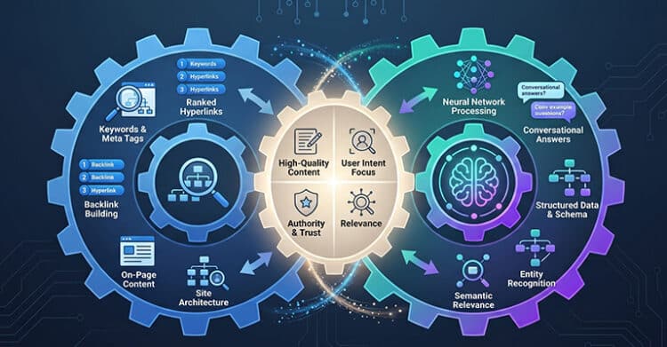 Two large interlocking gears compare traditional SEO with AI search engine optimization. Website icons and link signals move toward a central content gear while AI processing icons connect to structured data. semantic meaning. and conversational search results.