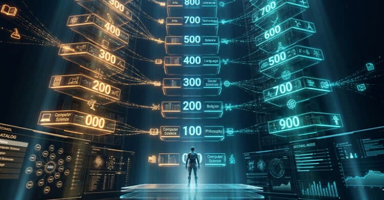 Futuristic digital library with a person standing beneath glowing stacked data panels and holographic dashboards. The scene suggests AI search engine optimization organizing large volumes of information into ranked categories and readable search results.